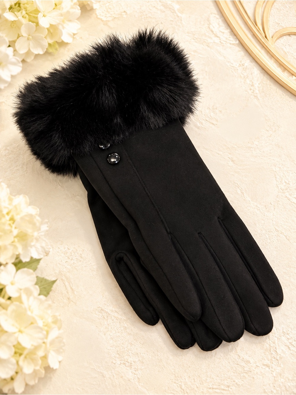 🆕😊Black Faux-Fur Trim Women's Gloves
